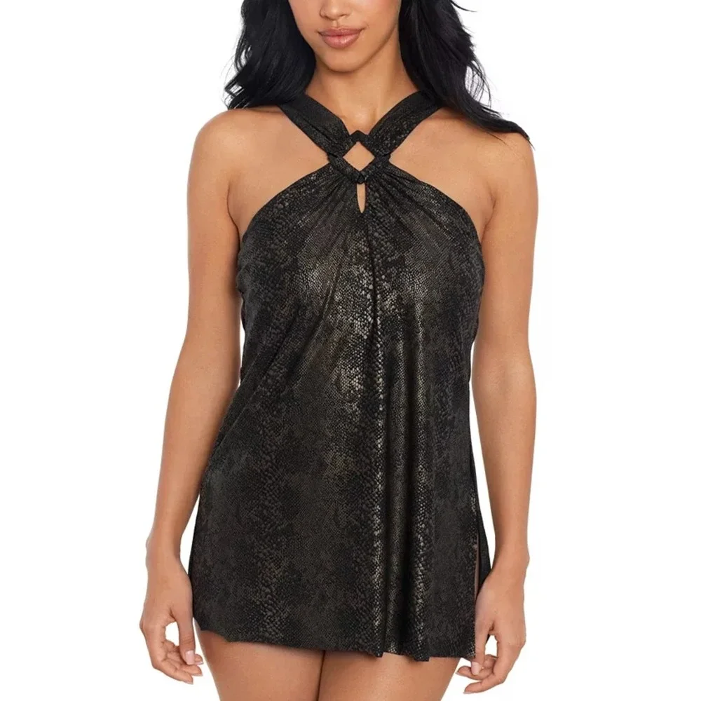 Magicsuit Xantu Beverly High-Neck Swim Dress Women Size 12 Brown EXCELLENT